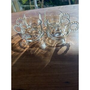 Set Of 4 Hazel Atlas Snack Cup Punch Cups Bubble/Beaded Handle Vintage Glass